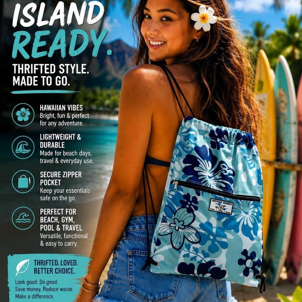 Hawaii Drawstring Backpack Blue Floral Beach Bag Travel Gym Pool Hawaiian Tote